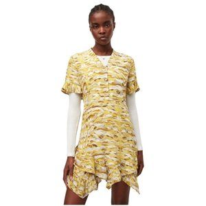 ALLSAINTS Yellow & Gray Frankie Oniyuri Ruffled Asymmetrical Fit & Flare Dress 6